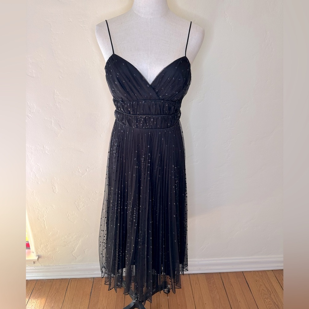 Betsey Johnson black beaded spaghetti strap tulle dress w/Greek waist Size 4